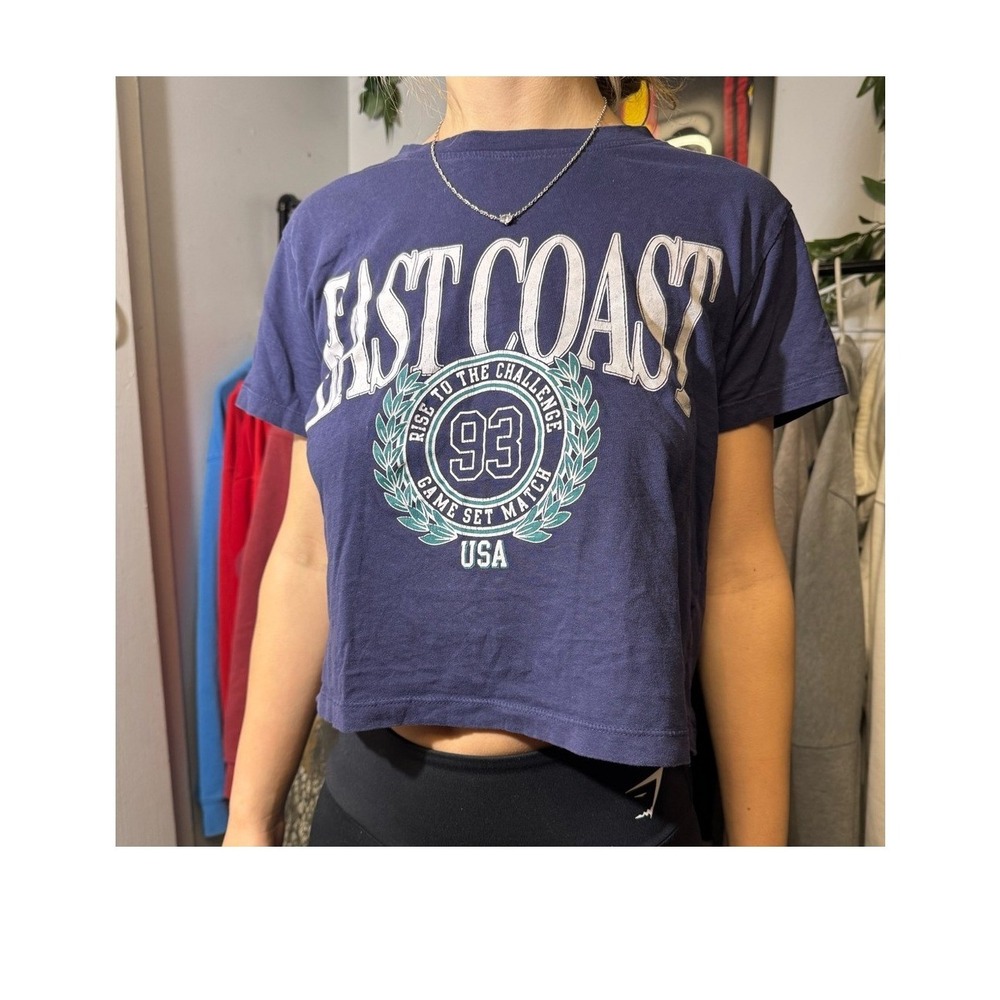 Urban Nation Women Navy Blue East Coast Cropped Graphic T Shirt Medium